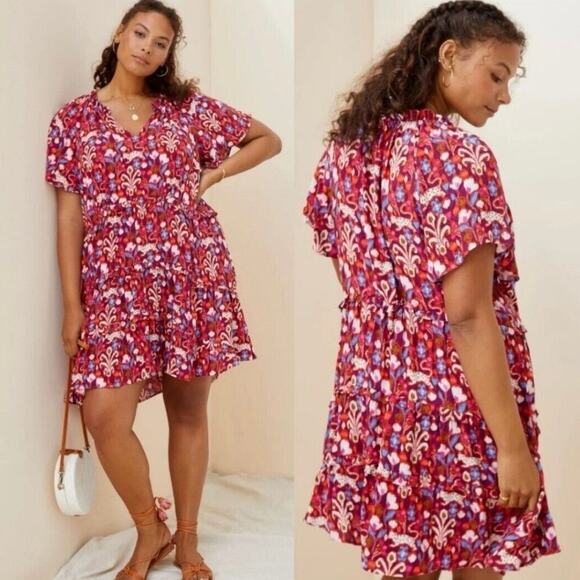 ANTHROPOLOGIE Robin Tiered Mini Dress Red Pink‎ Purple Ruffle VNeck Geo Sz L - Picture 7 of 11